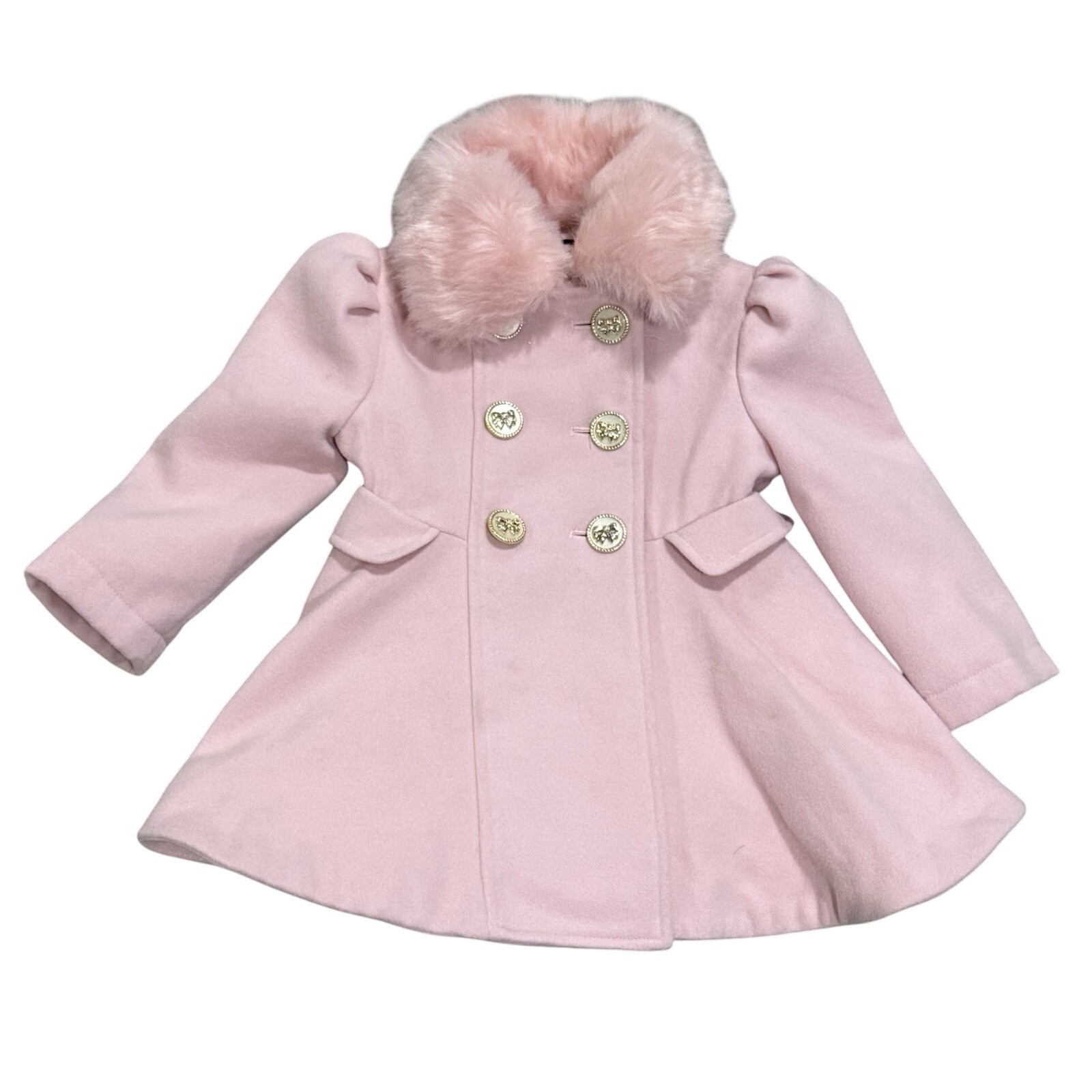 Rothschild Pink Faux Fur Collar Princess Coat Cottagecore Gold Bow Buttons 2t